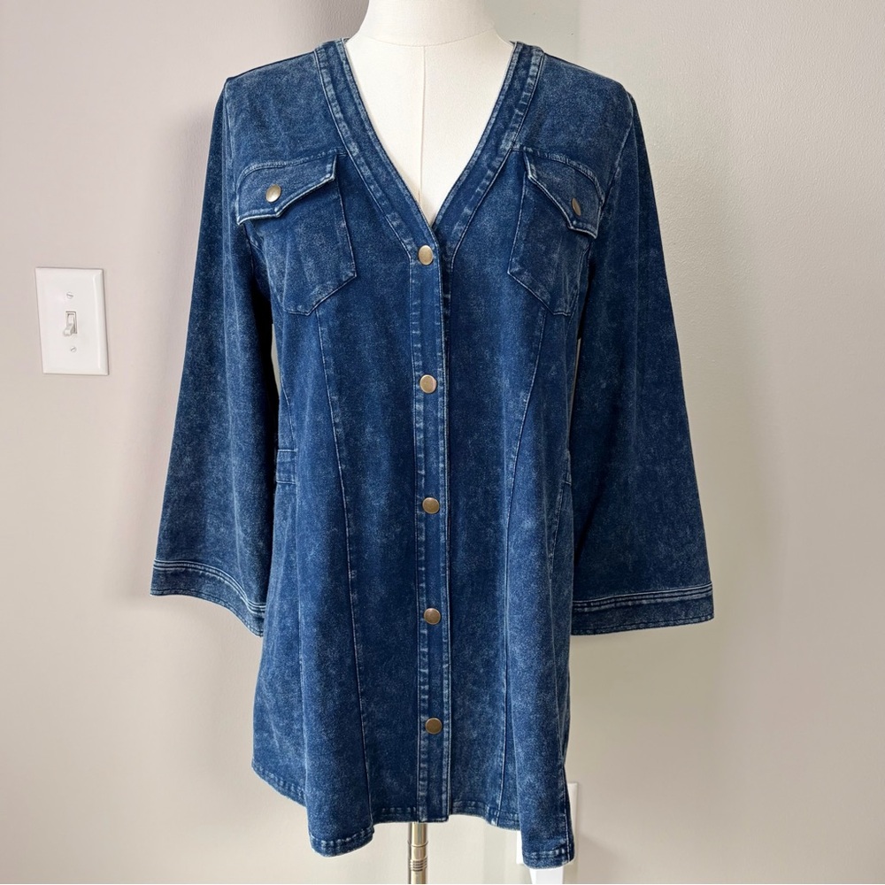 Soft Surroundings Mineral Wash Denim Look Snap Front Tunic Top Artisan Artsy